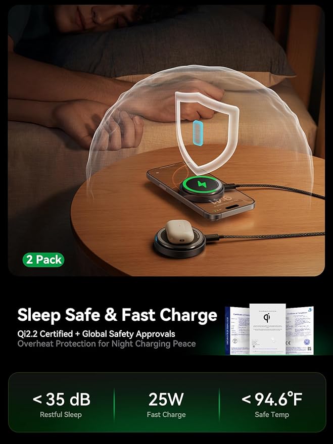 THREEKEY for MagSafe Charger, 2 Pack Qi2 25W Fast Charging Pad with Cooling Fan, Magnetic Wireless Charger with 6.6ft Cable for iPhone 17/16/15/14 Series (45W Adapter Included) (Black, 2 Pack)