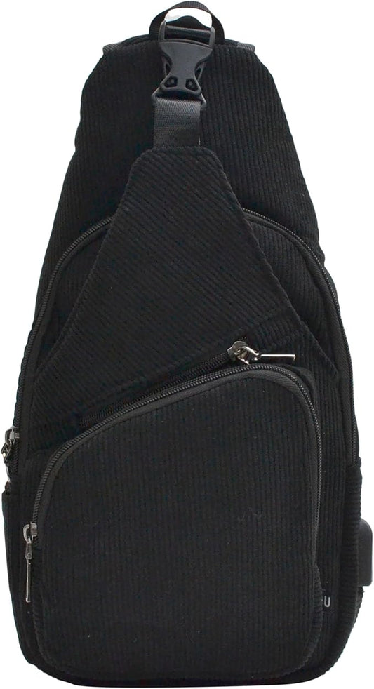Anti-Theft Daypack Crossbody Sling Backpack, USB Charging, Lightweight Day Pack for Travel, Hiking, Everyday, Large, Black Corduroy
