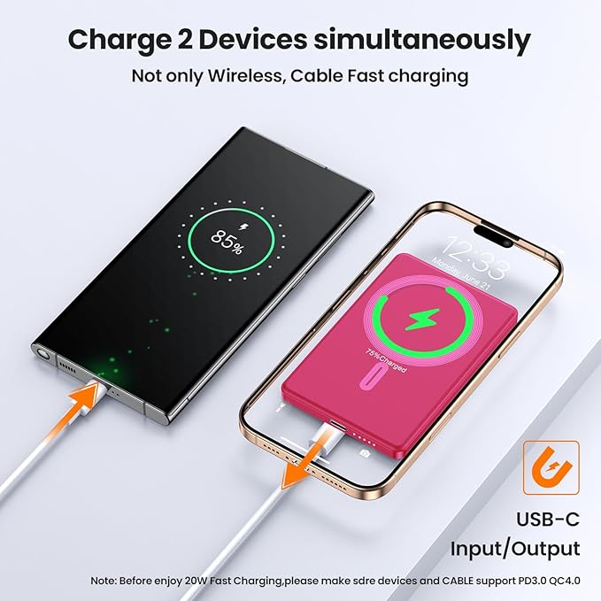 Magnetic Power Bank,Ultra Slim Wireless Portable Charger 5000mAh,20W PD Magnetic Battery Pack Fast Charging,USB C in&Out Powerbank for iPhone 16/15/14/13/12 Pro Max