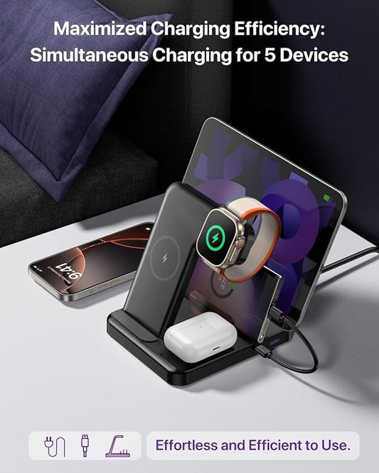 Multiple Devices Charging Station, 5-in-1 Charging Station for iPhone 16e/16 Pro Max/Pro/Plus/15/14/13/12, iPad Pro/Air/Mini, Apple Watch and Airpods,Wireless Charging Dock(G805) (Pink)