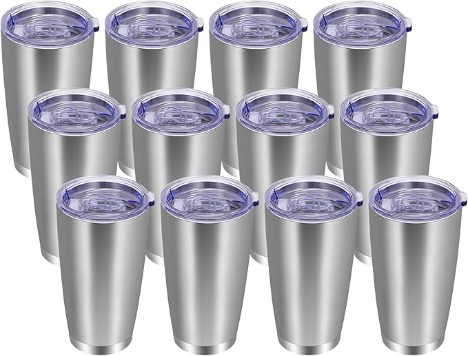 VEGOND 20oz Tumbler with Lid and Straw Stainless Steel Tumbler Cup Bulk Vacuum Insulated Double Wall Travel Coffee Mug Powder Coated Coffee Cup(Stainless 12 Pack