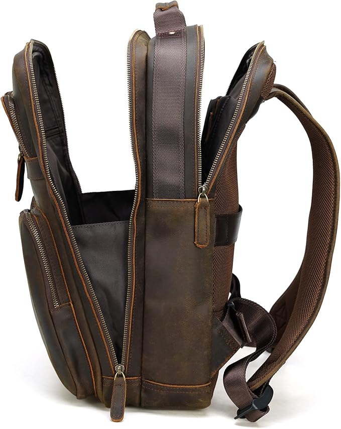 Polare 17.3 Inch Full Grain Leather Backpack for Men and Women Multi Pockets Business Travel Laptop Rucksack (Brown)