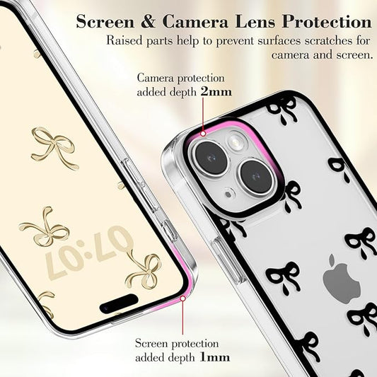 EYZUTAK Case for iPhone 13, Clear Cute Ribbon Bowknot Pattern Aesthetic Transparent Phone Case Raised Camera Protection Stylish Slim Soft Durable TPU Protective Cover for Women Girls - Black