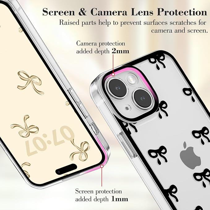 EYZUTAK Case for iPhone 15 Plus, Clear Cute Ribbon Bowknot Pattern Aesthetic Transparent Phone Case Raised Camera Protection Stylish Slim Soft Durable TPU Protective Cover for Women Girls - Black