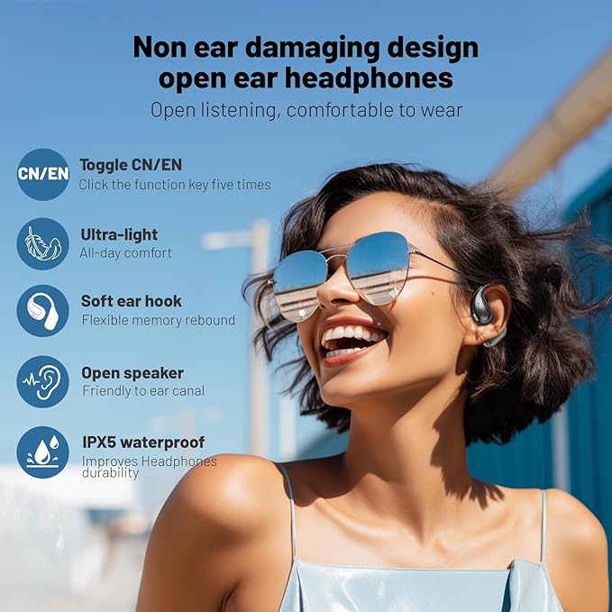 Open Ear Wireless Bluetooth Headphones, Sport Over Headset Built-in Mic, LED Display, Touch Control Earphones, IPX5 Waterproof for Sports Running Driving Cycling (Khaki)
