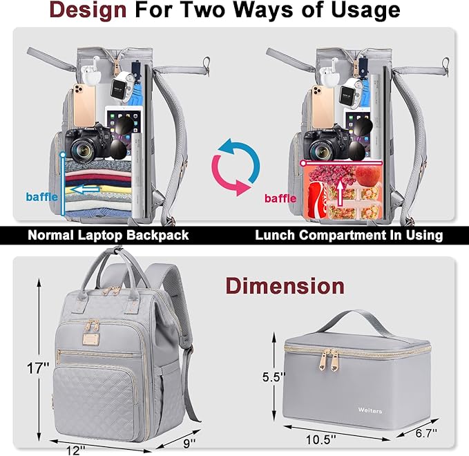 Weitars Lunch Backpack For Women,15.6 Inch Laptop Backpacks For Womens Back pack, Travel Backpacks,Work Backpack For Women (Gray)