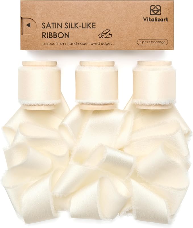 Vitalizart Silk Satin Ribbon 1 Inch x 15 Yard Wooden Spool Cream White Handmade Frayed Ivory Ribbon for Gift Wrapping Baby Shower Wedding Bridal Bouquets Holiday Decor 3 Rolls x 5 Yard