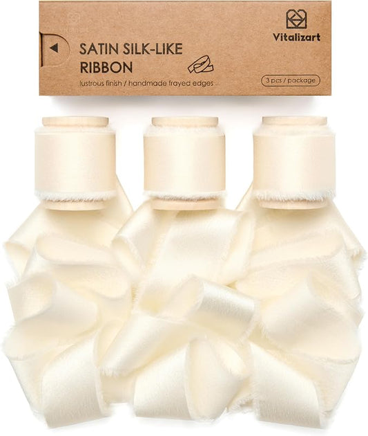 Vitalizart Silk Satin Ribbon 1 Inch x 15 Yard Wooden Spool Cream White Handmade Frayed Ivory Ribbon for Gift Wrapping Baby Shower Wedding Bridal Bouquets Holiday Decor 3 Rolls x 5 Yard