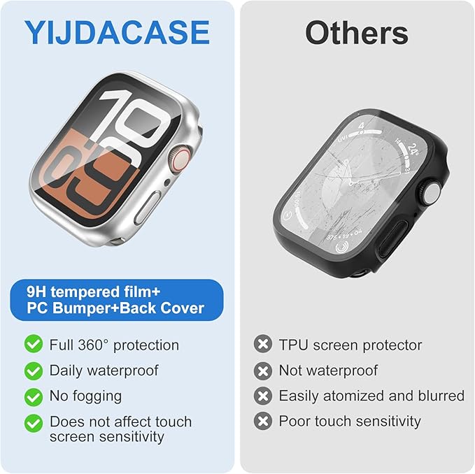 3 in 1 Waterproof Case for Apple Watch Screen Protector 41mm Series 9 8 7 Accessories Built-in Tempered Glass Film,Front and Back PC Hard Bumper 360° Protective Face Cover for iWatch 41mm
