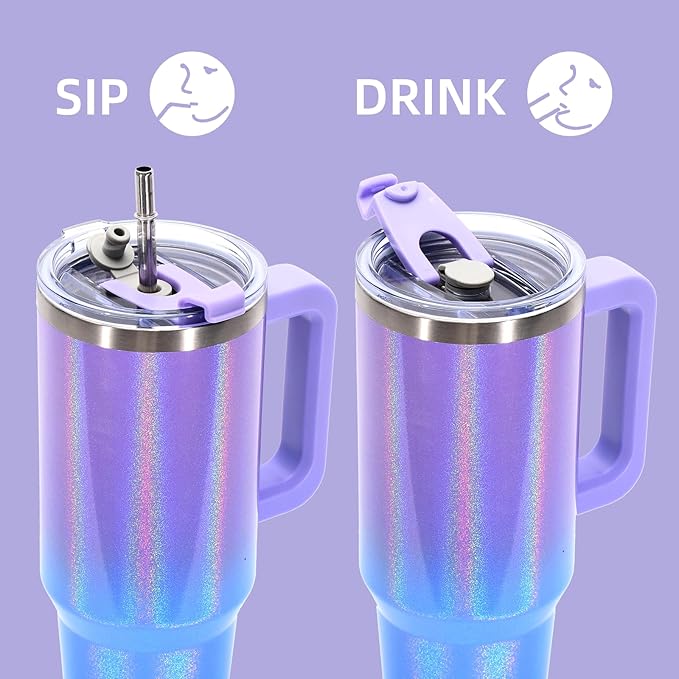40 oz Shiny Tumbler with Handle and Straw,Stainless Steel Tumbler with Lid and Straw,Insulated Travel Mug(Cold for 34 Hours),Water Bottle for Iced Tea,Coffee (Purple)
