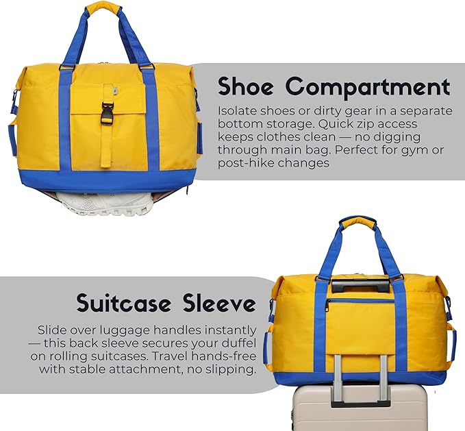 SUNNY BIRD Duffel with Utility Pouch, 40L Weekender Overnight Bag with Shoe Compartment for Travel and Sports (Yellow and blue)