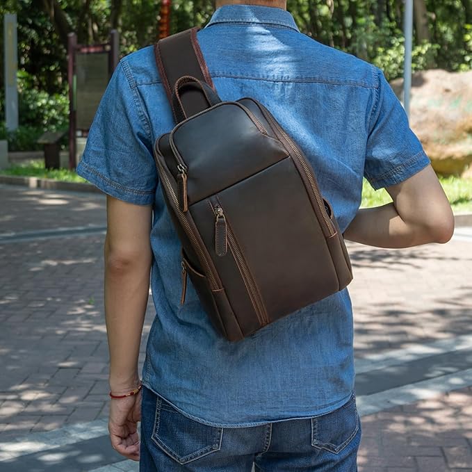 TIDING Genuine Leather Sling Bag Chest Pack for Men Casual Travel Shoulder Bag Sling Backpack fits 9.7" Tablet