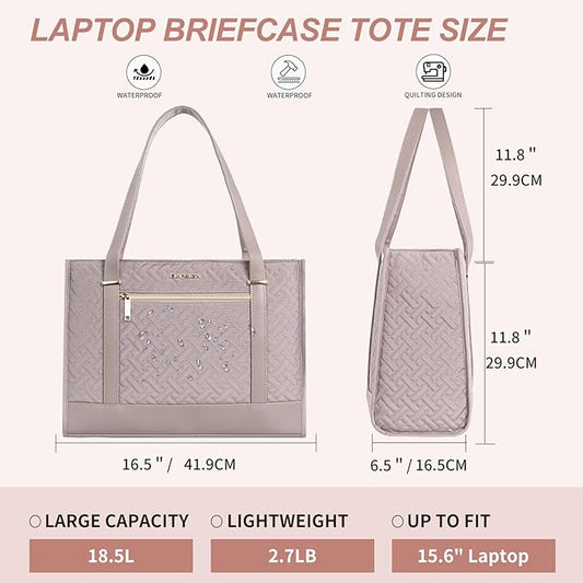 EMPSIGN Laptop Tote Bag for Women 16 Inch, Stylish Computer Shoulder Tote Bag for Work, Large Capacity Quilted Laptop Briefcase, Waterproof Women Business Office Bag, Quilted Grey Pink