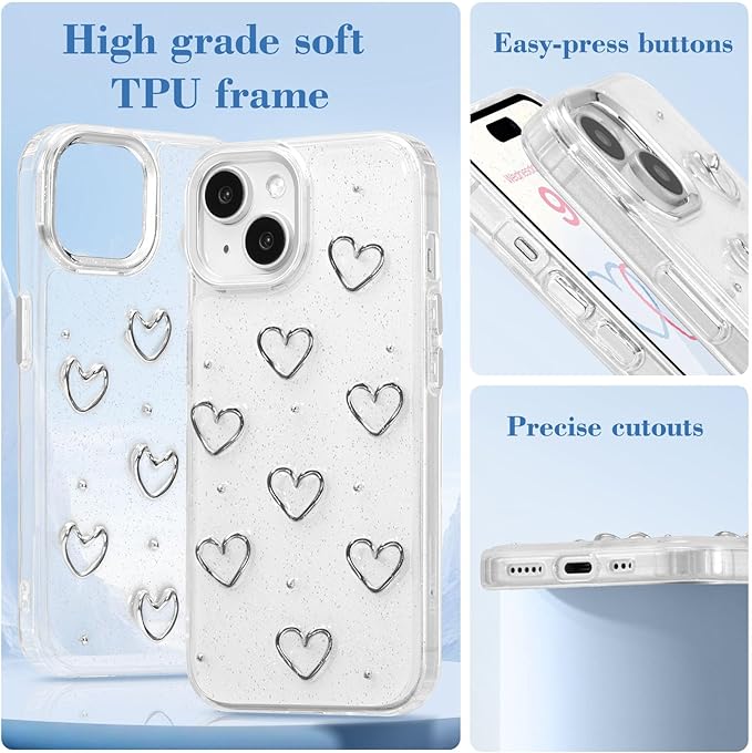 EYZUTAK Case for iPhone 15 Plus, Bling Glitter 3D Hearts Phone Case Cute Sparkly Crystal Clear Heart Aesthetic Design Case Slim Soft Durable TPU Transparent Protective Cover for Women Girls - Heart