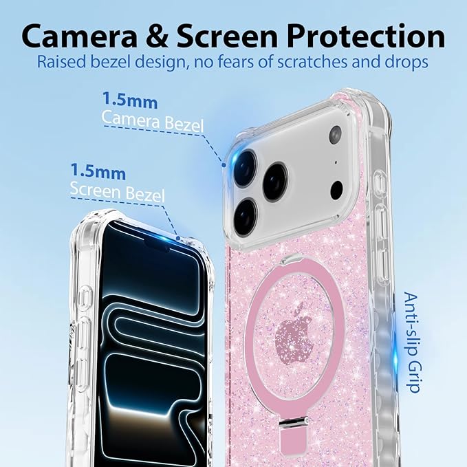 Magnetic for iPhone 17 Pro Max Case with Invisible Stand, Compatible with MagSafe, Clear Bling Sparkle Shockproof Slim Anti-Slip Military Drop Protection Hard Phone Case 6.9" Glitter Pink