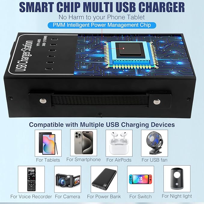 Multiport USB C Charger Block RISWOJOR, 150W (30A) 30 Port USB Charging Station with Auto Detect, Multi USB Charger Station with Type-C 3A for Smartphone Tablets Multiple Devices