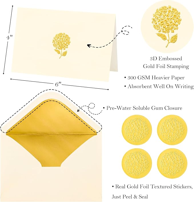 Crisky 50 Pack Blank Cards and Envelopes 4x6, Embossed Gold Foil Hydrangeas Blank Greeting Cards Bulk for Wedding, Bridal Shower, Baby Shower, Birthday Party Decoration Favors