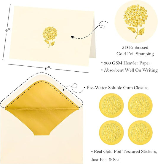 Crisky 50 Pack Blank Cards and Envelopes 4x6, Embossed Gold Foil Hydrangeas Blank Greeting Cards Bulk for Wedding, Bridal Shower, Baby Shower, Birthday Party Decoration Favors