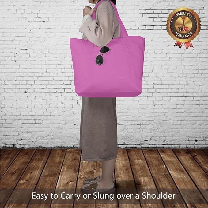 TOPDesign 1-Pack Canvas Tote Bag with an External Pocket, Reusable Grocery Shopping Bag, Top Zipper Closure, Daily Essentials (Light Purple)