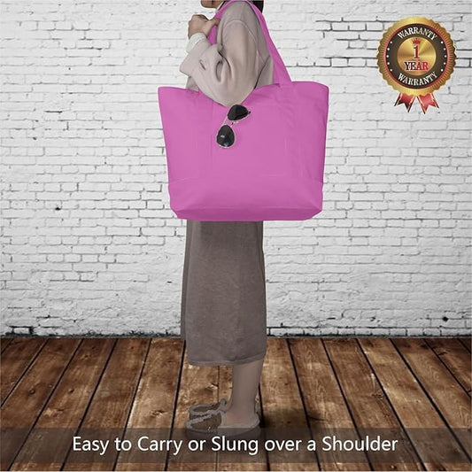 TOPDesign 1-Pack Canvas Tote Bag with an External Pocket, Reusable Grocery Shopping Bag, Top Zipper Closure, Daily Essentials (Light Purple)