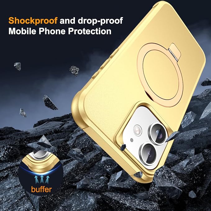 Compatible with iPhone 12 Case & iPhone 12 Pro Case 6.1" with Invisible Magnetic O-Ring Stand [Compatible with Mag-Safe][Great Grip Feeling], Gold