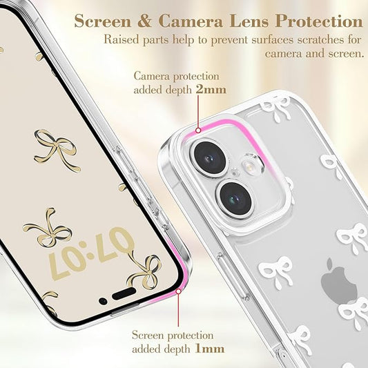 EYZUTAK Case for iPhone 16 Plus, Clear Cute Ribbon Bowknot Pattern Aesthetic Transparent Phone Case Raised Camera Protection Stylish Slim Soft Durable TPU Protective Cover for Women Girls - White