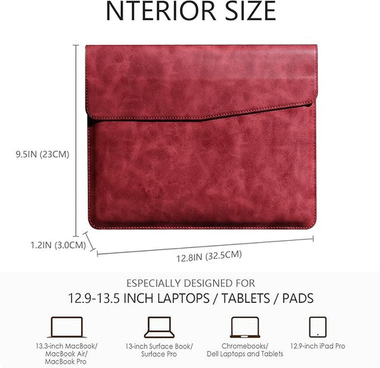 Leather Laptop Sleeve 13 Inch Compatible with MacBook Air M4 M3 M2 M1 2025-2018＆MacBook Pro M2 M1 2025-2016,Wear-Resistant and Scratch-Resistant Protective Case Cover,Red