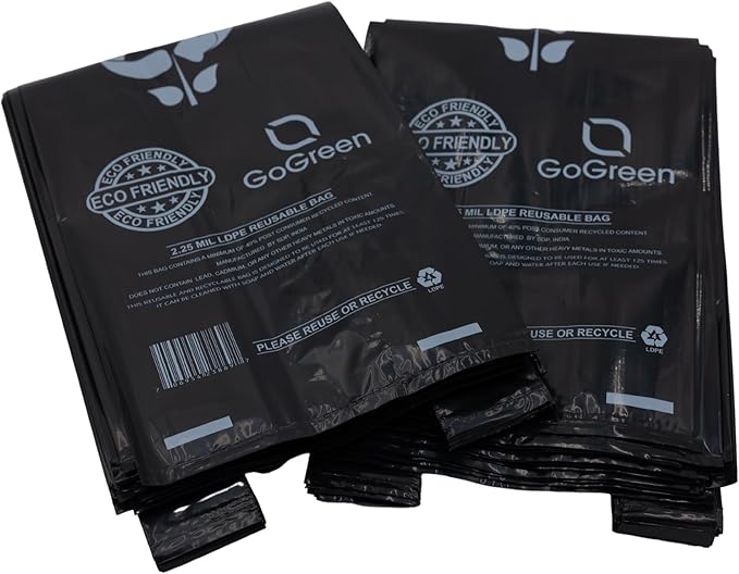 Black Reusable/Eco-Friendly LDPE T-Shirt - Single Bottle Bag 6"X4"X20" - 400 Bags - 57 Micron (2.25 mil) - Black - BLKLD40REC225REUSE6420