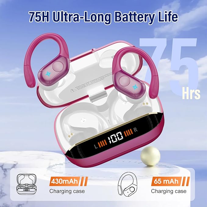 Wireless Earbuds Bluetooth 5.4 Headphones 75H Stereo Deep Bass Sports Over Ear Buds with Earhooks, LED Display Bluetooth Earbuds with 4 ENC Mic, IP7 Waterproof Earphone for Running, Rose Gold