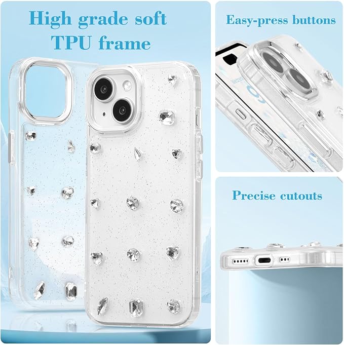EYZUTAK Case for iPhone 13/iPhone 14, Bling Glitter 3D Diamond Phone Case Cute Sparkly Crystal Clear Aesthetic Design Case Slim Soft Durable TPU Transparent Protective Cover for Women Girls - Crystal
