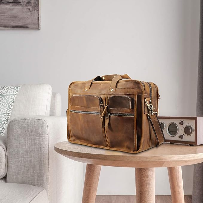 Polare 17'' Full Grain Leather Briefcase Laptop Attache Case Messenger Bag For Men Fits 15.6'' Laptop