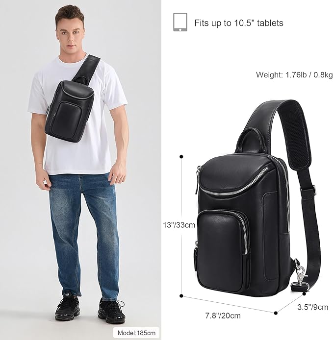 LANNSYNE Full Grain Leather Sling Bag For Men, Crossbody Chest Daypack Fits 10.5" iPad, Men’s Crossbody Bag