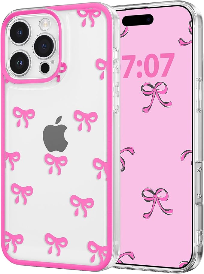 EYZUTAK Case for iPhone 16 Pro, Clear Cute Ribbon Bowknot Pattern Aesthetic Transparent Phone Case Raised Camera Protection Stylish Slim Soft Durable TPU Protective Cover for Women Girls - Rose Red