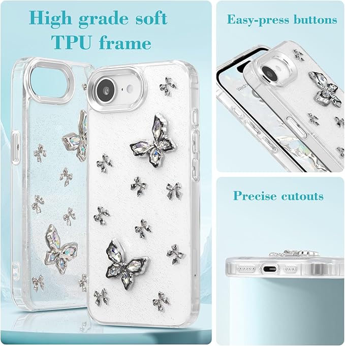 EYZUTAK Case for iPhone 16e, Bling Glitter 3D Butterflies Bowknot Phone Case Cute Crystal Clear Bow Aesthetic Case Slim Soft Durable TPU Transparent Protective Cover for Women Girls - Butterfly