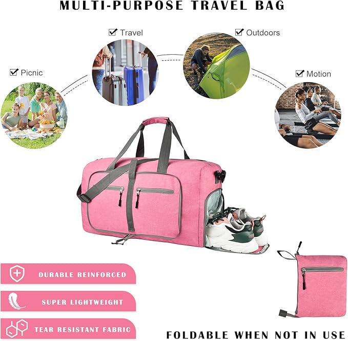 Dimayar 115L Travel Duffle Bag for Men Women - Foldable Duffel Bag with Shoes Compartment - Overnight Bags Waterproof & Tear Resistant(Pink)