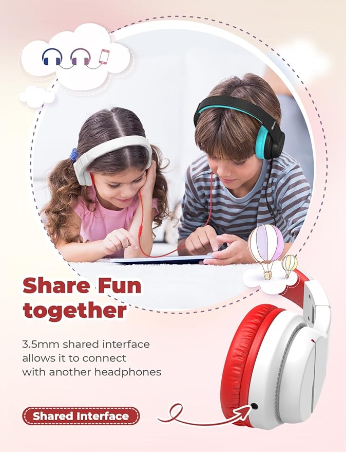 iClever HS19 Kids Headphones with Microphone, 74/85dBA Volume Limiter - Shareport - Over Ear Stereo Headphones for Kids Boys Girls, Foldable 3.5mm Jack Wired Headphone for iPad/School/Travel, White