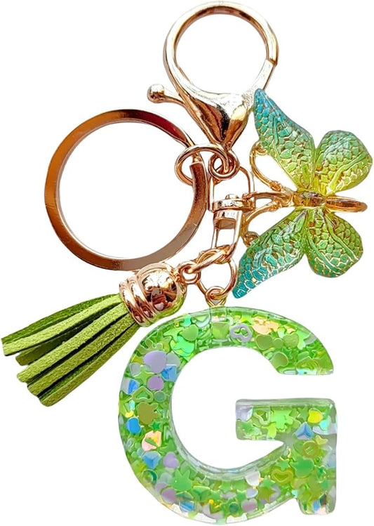 Cute Initial Letter Keychains for Women Girls Tassel Butterfly Pink Purple Green Keychain for Backpack School Bag
