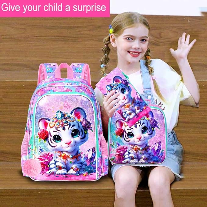 16" Tiger Backpack for Girls, 3Pcs Kids School Backpacks with Lunch Box, Bookbag for Elementary Preschool Kindergarten(Pink)