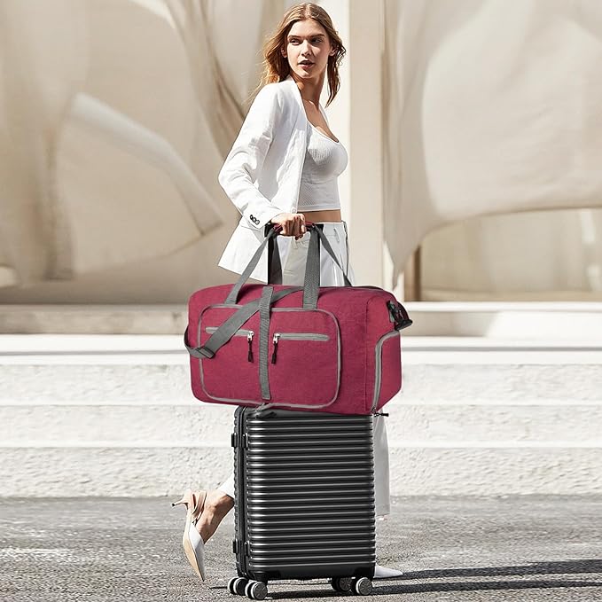 Dimayar 40L Travel Duffle Bag for Men Women - Foldable Duffel Bag with Shoes Compartment - Overnight Bags Waterproof & Tear Resistant(Red)