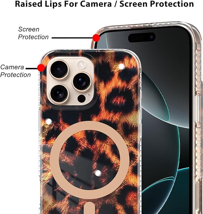SAKUULO Magnetic for iPhone 16 Pro Case Gold Leopard Print Pattern [Compatible with MagSafe] Wireless Charge Strengthen Protection Cover, Gold Leopard (6.3")