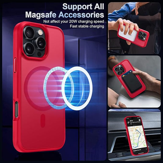 MOCCA Strong Magnetic for iPhone 16 Pro Max Phone Case, [Compatible with Magsafe][16FT Mil-Grade Drop Protection] Slim Thin Translucent Matte Protective Cover Case for iPhone 16 Pro Max Case, Red
