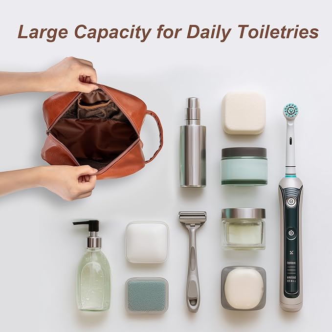 Travel Toiletry Bag for Men and Women, Travel Shaving Dopp Kit Water-resistant Bathroom Toiletries Organizer PU Leather Cosmetic Bags (Brown)