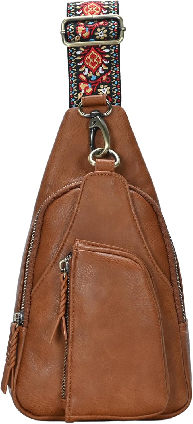 Antik Kraft Tasha Webbing Strap Sling (Tan) | Vegan Leather Crossbody Bag for Women with 16-20" Strap | Sling Bags for Women with Durable Antique Brass Hardware | 7in x 2.5in x 12.5in |