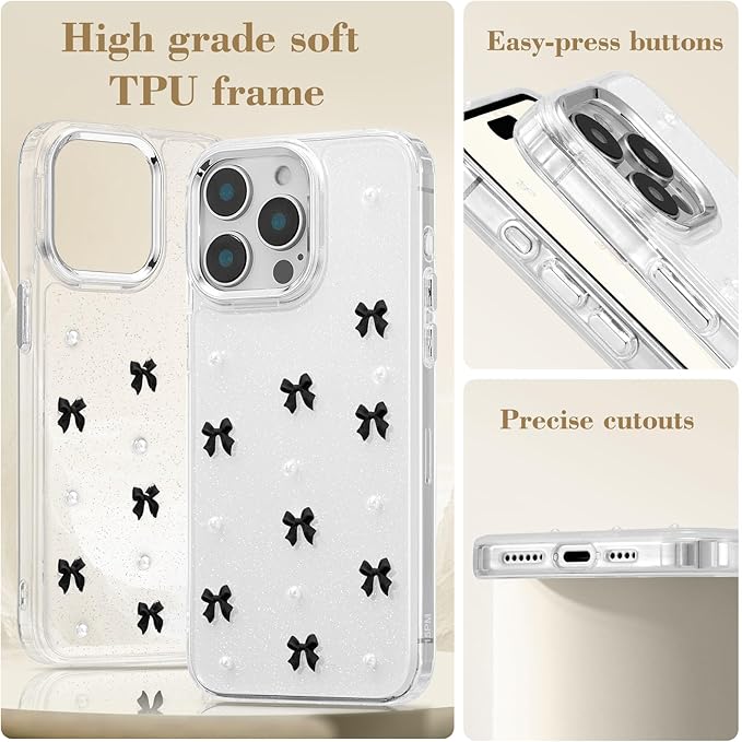 EYZUTAK Case for iPhone 15 Pro Max, Bling Glitter 3D Bowknot Phone Case Cute Sparkly Crystal Clear Bow Aesthetic Design Case Slim Soft Durable TPU Transparent Protective Cover for Women Girl-Black Bow