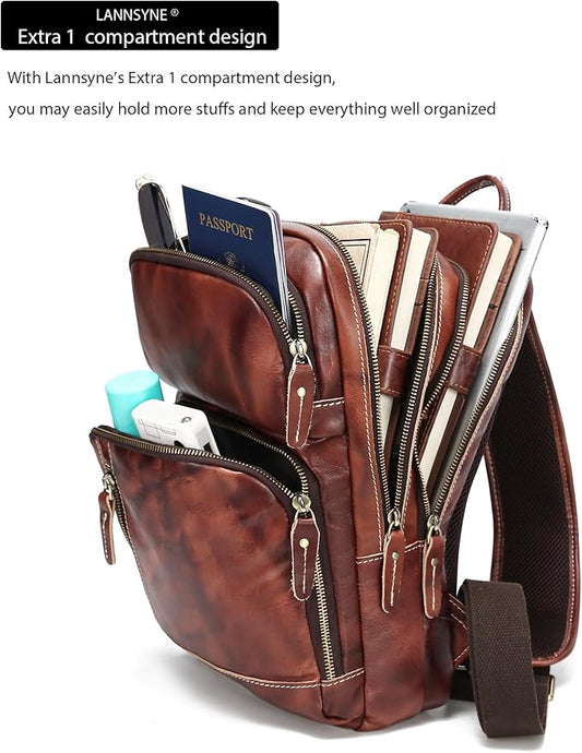 LANNSYNE Full Grain Leather Sling Bag For Men, Crossbody Bag fits 12.9" iPad Crossbody Chest Daypack