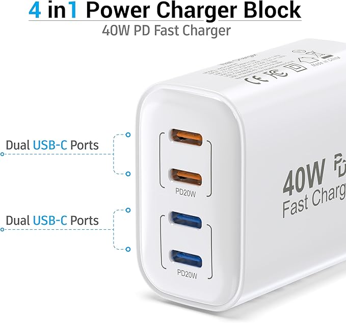 40W USB C Charging Block, 4 USB C Ports, Type C Wall Plug Fast Charger Cube, Power Adapter Box for iPhone 16, 15, 14, 13, 12, 11, Galaxy Phones, Watch, Tablet, Smartphones (White 1Pack)