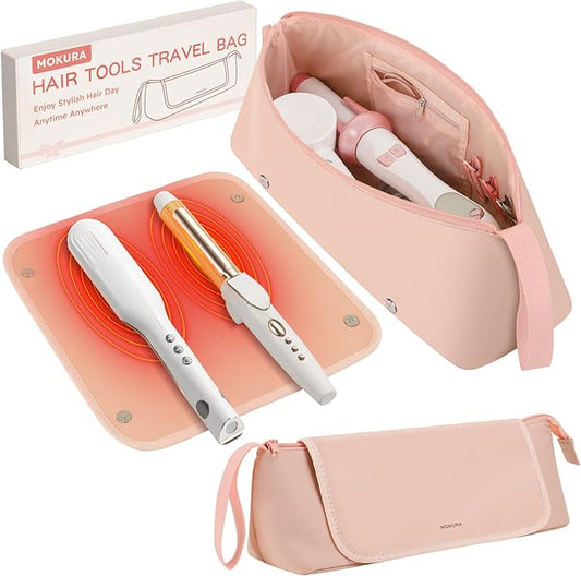 MOKURA Hot Hair Tools Travel Bag with Heat Resistant Mat, Women Hair Accessories Organizer Case, Storage Pouch for Curling Iron Straightener Flat Iron Hair Dryer, Gifts for Women Mom, Pink