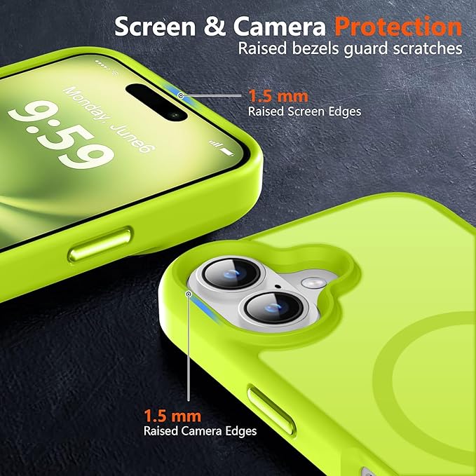 MOCCA Strong Magnetic for iPhone 16 Case, [Compatible with Magsafe][16FT Mil-Grade Drop Protection] Slim Thin Translucent Matte Protective Cover Case for iPhone 16 Phone Case 6.1",Fluorescent Green