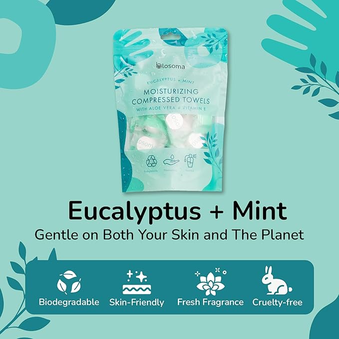 Eucalyptus and Mint Compressed Towel Tablets – Disposable Cotton, Instant Expandable water activated Face Towels, Travel-Friendly, Biodegradable Moisturizing Towels for Outdoors (Pack of 50)