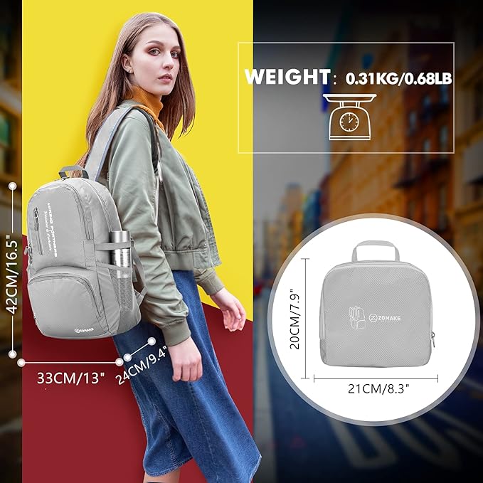 ZOMAKE Lightweight Packable Backpack, 35L Light Foldable Hiking Backpacks Water Resistant Collapsible Daypack for Travel(Sliver Grey)